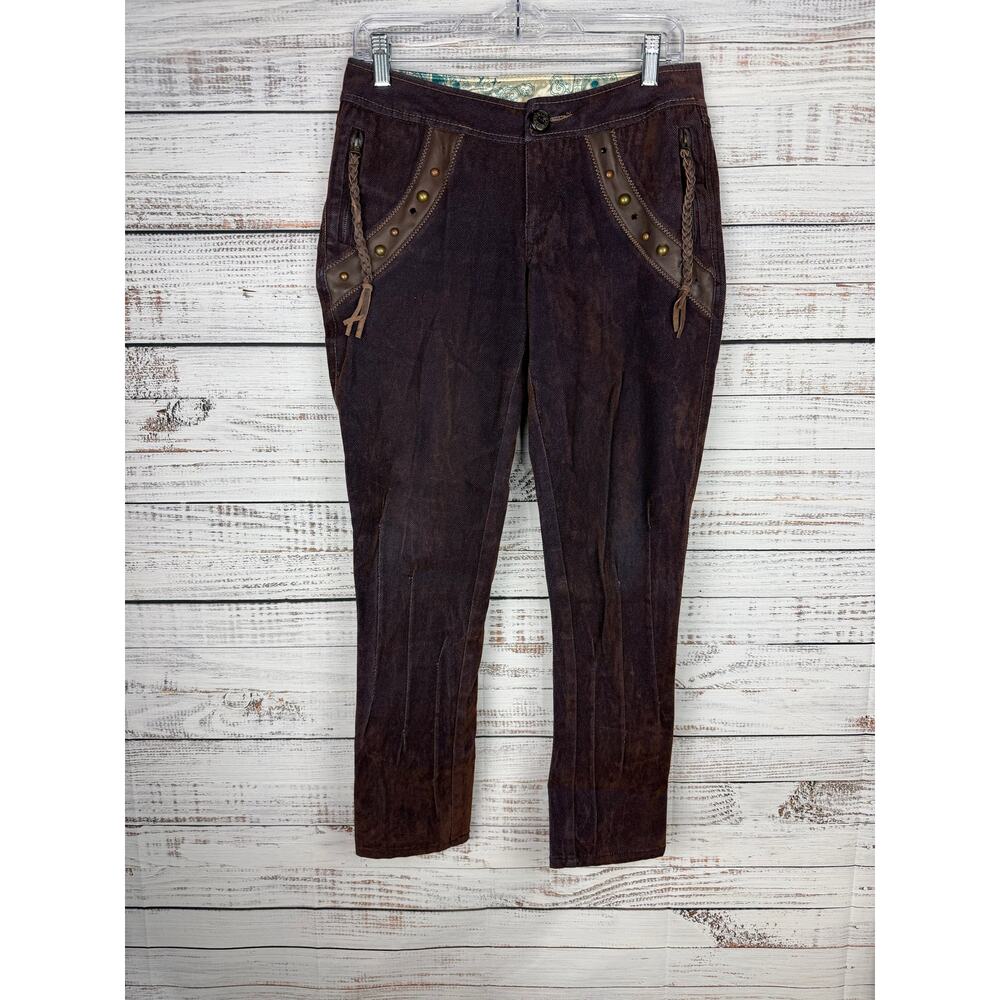 Sugar Lips Brown Denim Skinny Jeans Y2K Studded Medium Low Rise Boho Tassel